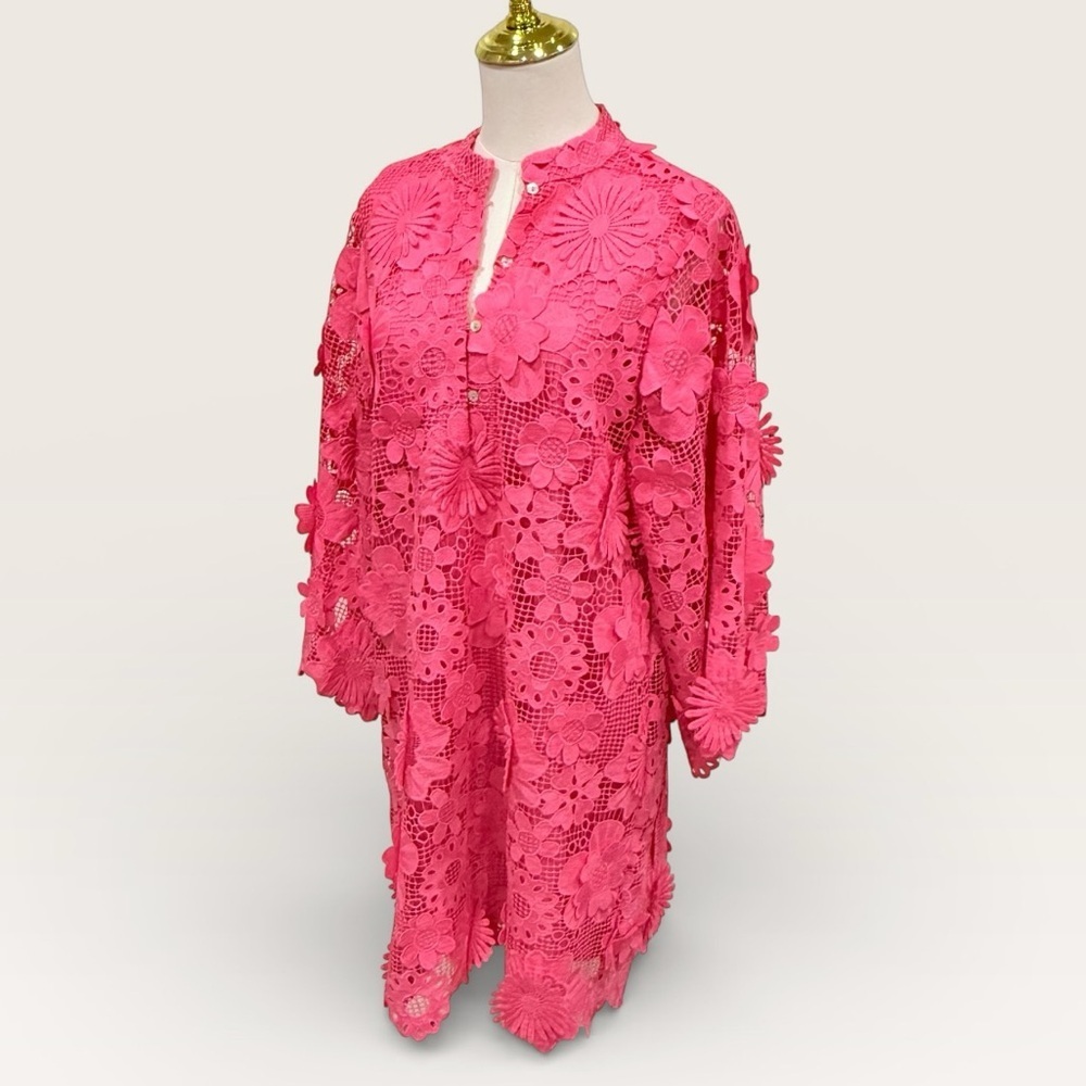 J.Marie Seraphina Pink Floral 3D Lace 3/4 Sleeve Kaftan Shift Short Dress NWT - Picture 10 of 12